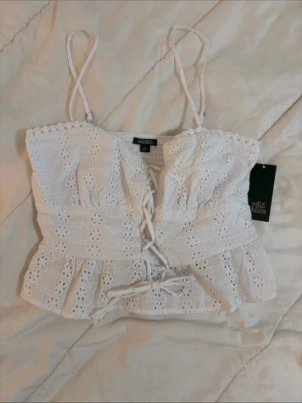 New White Eyelet Corset Style Ruffle Crop Tank Top